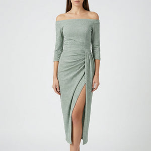 Velourna - Off-Shoulder Long-Sleeve Evening Dress Silver Green