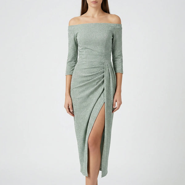 Velourna - Off-Shoulder Long-Sleeve Evening Dress Silver Green