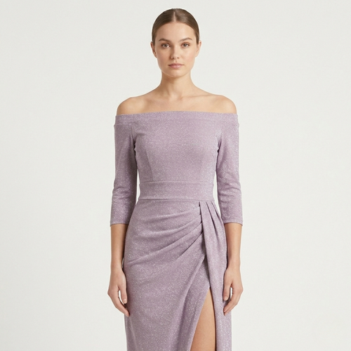 Velourna - Off-Shoulder Long-Sleeve Evening Dress Pink