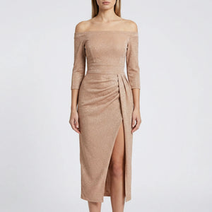 Velourna - Off-Shoulder Long-Sleeve Evening Dress Beige