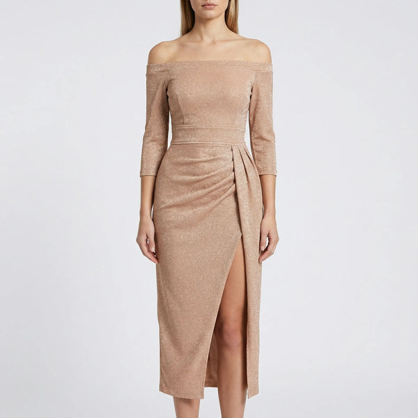 Velourna - Off-Shoulder Long-Sleeve Evening Dress Beige