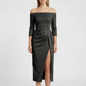 Velourna - Off-Shoulder Long-Sleeve Evening Dress Black