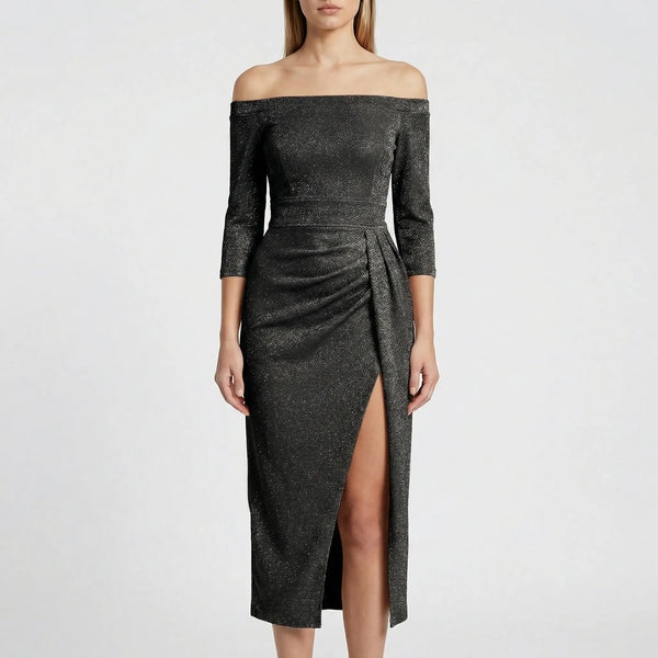 Velourna - Off-Shoulder Long-Sleeve Evening Dress Black