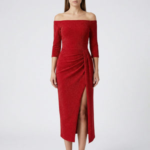 Velourna - Off-Shoulder Long-Sleeve Evening Dress Red