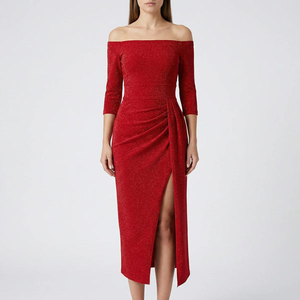 Velourna - Off-Shoulder Long-Sleeve Evening Dress Red