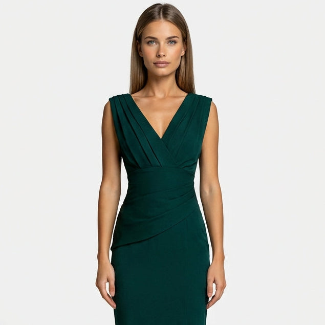 Velourra - Bodycon Pleated Midi Evening Dress Green