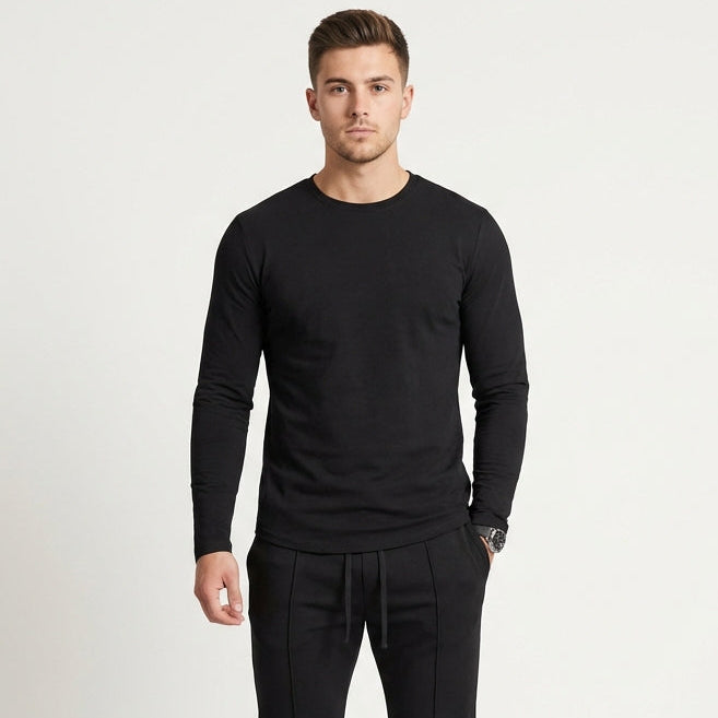 Velturo - Long Sleeve Crew Neck Shirt And Tapered Pants Set Black
