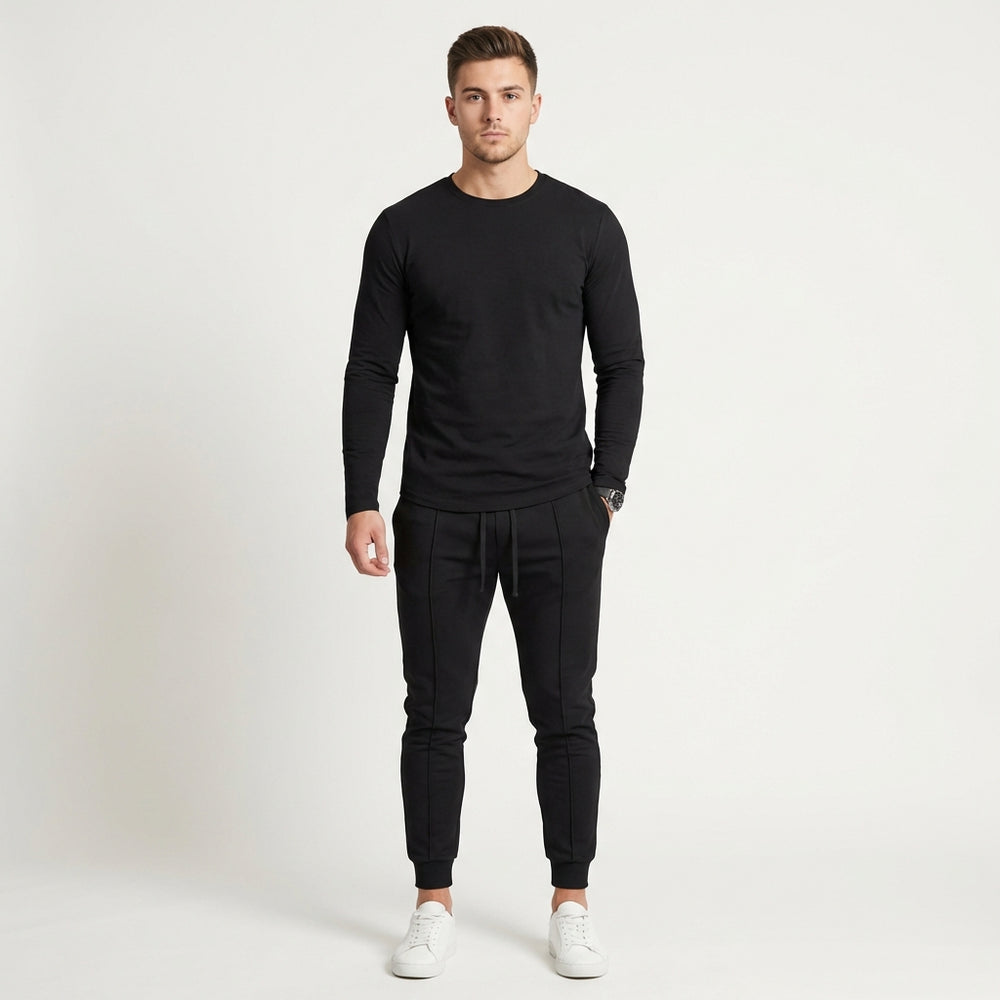 Velturo - Long Sleeve Crew Neck Shirt And Tapered Pants Set Black