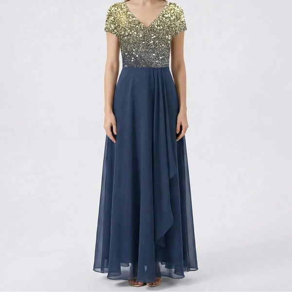 Velurna - Floral Bodice Midi Dress With Flowing Skirt Gold Blue