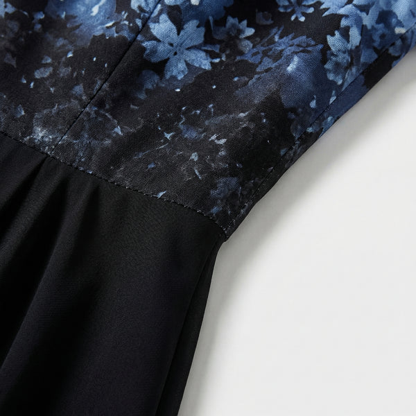 Velurna - Floral Bodice Midi Dress With Flowing Skirt