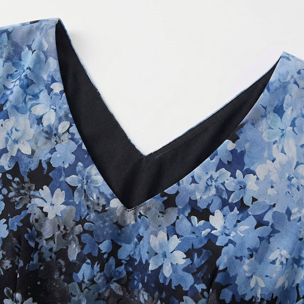 Velurna - Floral Bodice Midi Dress With Flowing Skirt