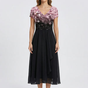 Velurna - Floral Bodice Midi Dress With Flowing Skirt Pink Black