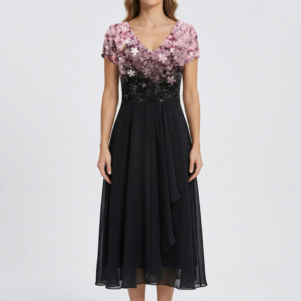 Velurna - Floral Bodice Midi Dress With Flowing Skirt Pink Black