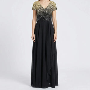 Velurna - Floral Bodice Midi Dress With Flowing Skirt Gold Black