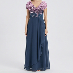 Velurna - Floral Bodice Midi Dress With Flowing Skirt Pink Blue
