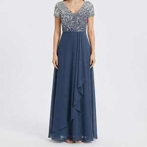Velurna - Floral Bodice Midi Dress With Flowing Skirt Silver Blue