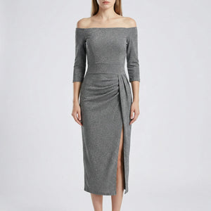 Veluryn - Off-Shoulder Fitted Slit Evening Dress Gray