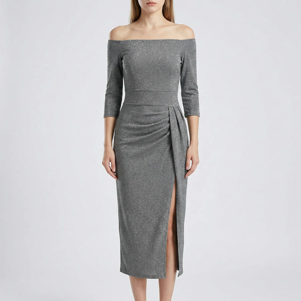Veluryn - Off-Shoulder Fitted Slit Evening Dress Gray