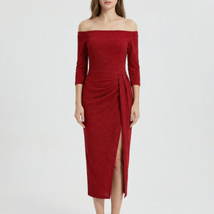 Veluryn - Off-Shoulder Fitted Slit Evening Dress Red