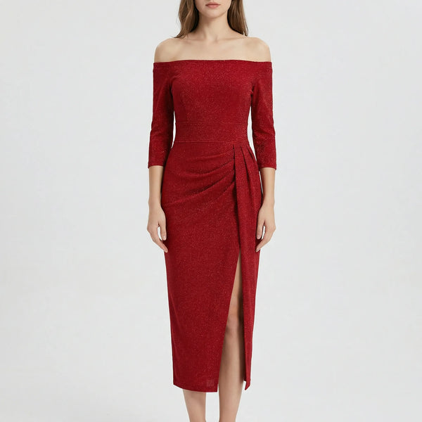 Veluryn - Off-Shoulder Fitted Slit Evening Dress Red