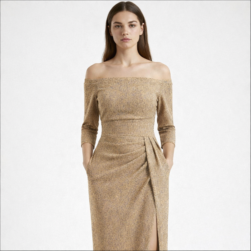 Veluryn - Off-Shoulder Fitted Slit Evening Dress Champagne