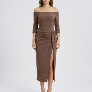 Veluryn - Off-Shoulder Fitted Slit Evening Dress Brown