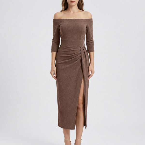 Veluryn - Off-Shoulder Fitted Slit Evening Dress Brown