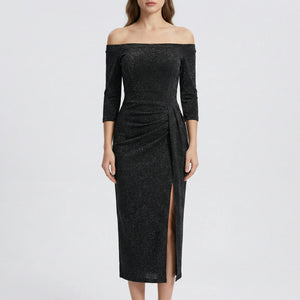 Veluryn - Off-Shoulder Fitted Slit Evening Dress Black