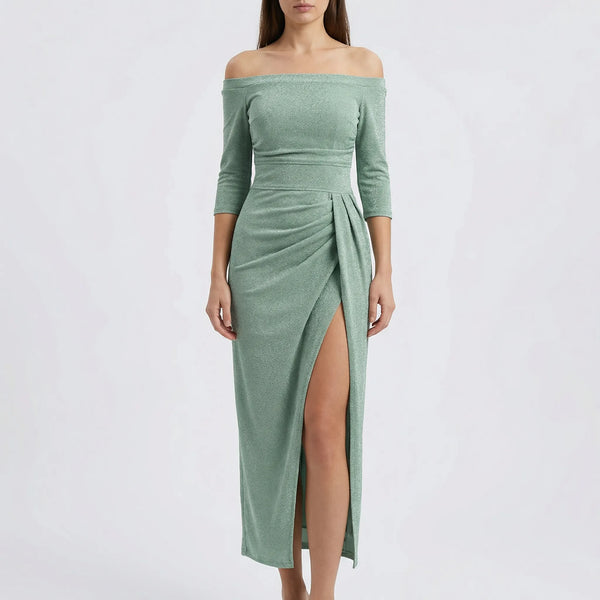 Veluryn - Off-Shoulder Fitted Slit Evening Dress Green