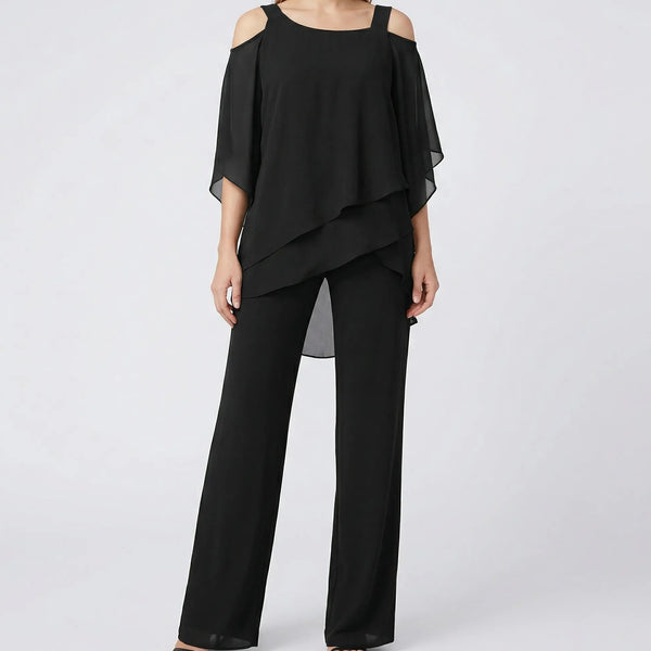 Veluxa - Cold-Shoulder Two-Piece Pant Set Black