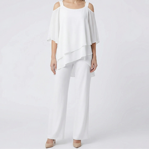 Veluxa - Cold-Shoulder Two-Piece Pant Set White