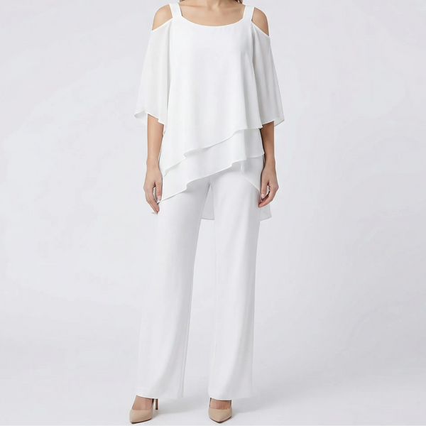 Veluxa - Cold-Shoulder Two-Piece Pant Set White
