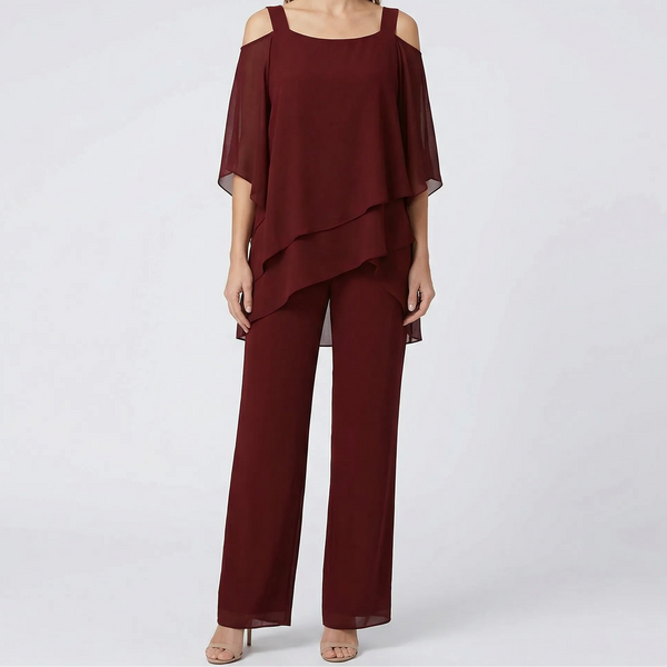 Veluxa - Cold-Shoulder Two-Piece Pant Set Burgundy