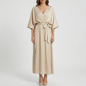 Velvara - Flowy V-Neck Maxi Dress With Tie Waist Beige