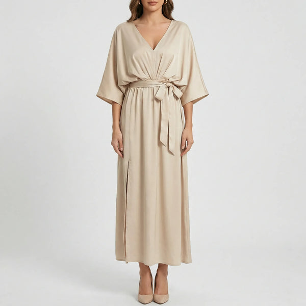 Velvara - Flowy V-Neck Maxi Dress With Tie Waist Beige