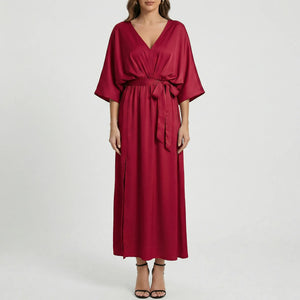 Velvara - Flowy V-Neck Maxi Dress With Tie Waist Red