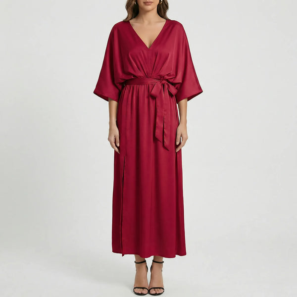 Velvara - Flowy V-Neck Maxi Dress With Tie Waist Red