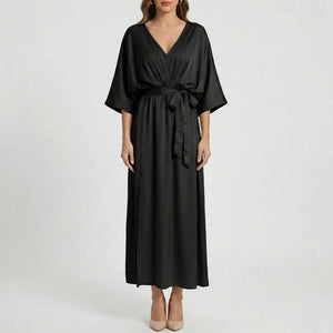 Velvara - Flowy V-Neck Maxi Dress With Tie Waist Black