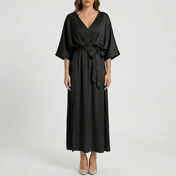 Velvara - Flowy V-Neck Maxi Dress With Tie Waist Black