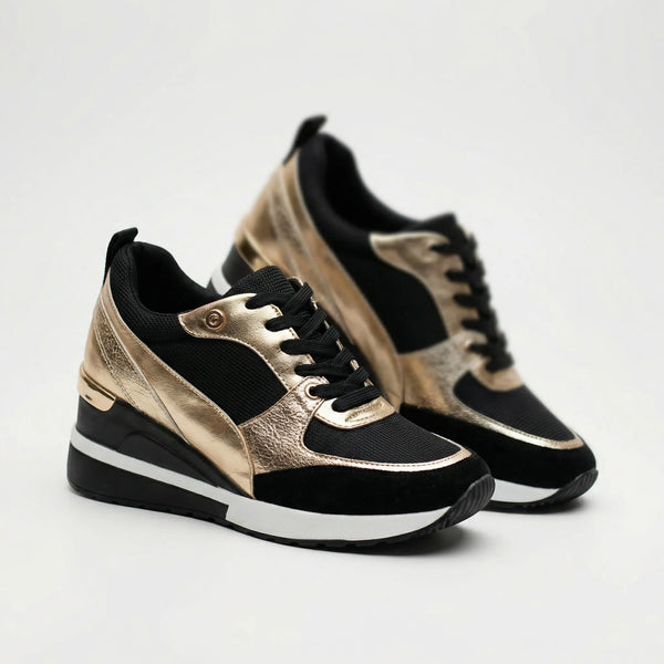 Velvura - Wedge Platform Lace-Up Sneaker Black Gold