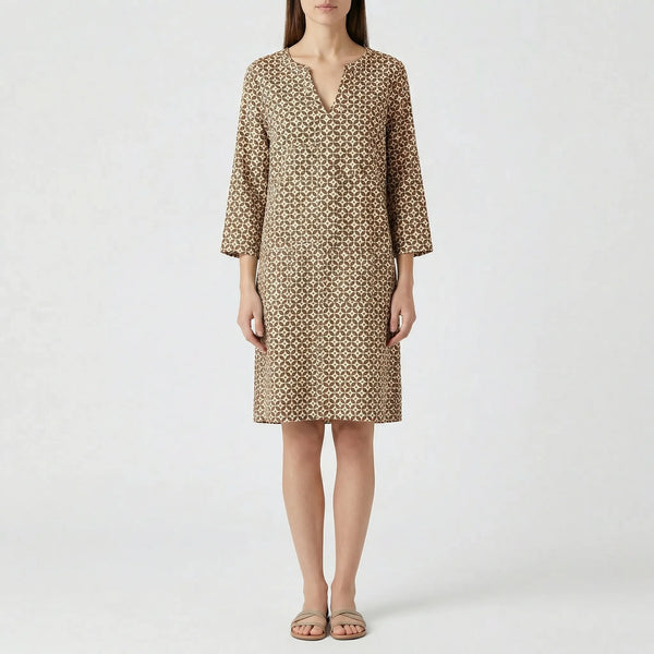 Verdala - Loose Fit Printed Knee-Length Dress Brown