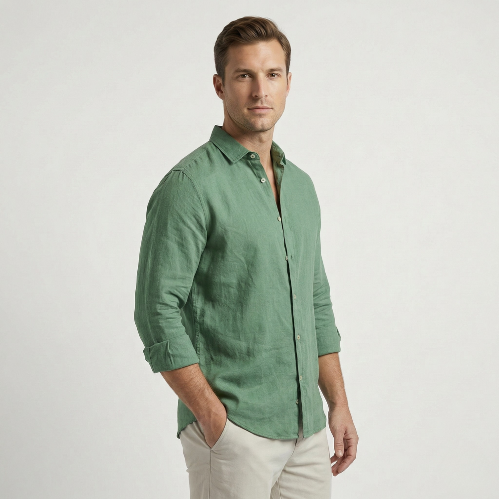 Verdano - Long Sleeve Button-Down Casual Shirt Green