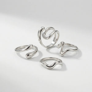 Vexorra - 4-Piece Adjustable Geometric Open Ring Set Silver