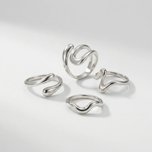 Vexorra - 4-Piece Adjustable Geometric Open Ring Set Silver