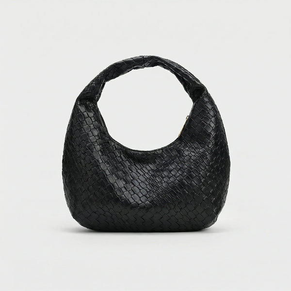 Vovella - Woven Embossed Hobo Shoulder Bag Black
