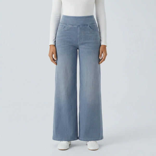 Widevia - High-Waist Wide-Leg Denim Pants Light Blue