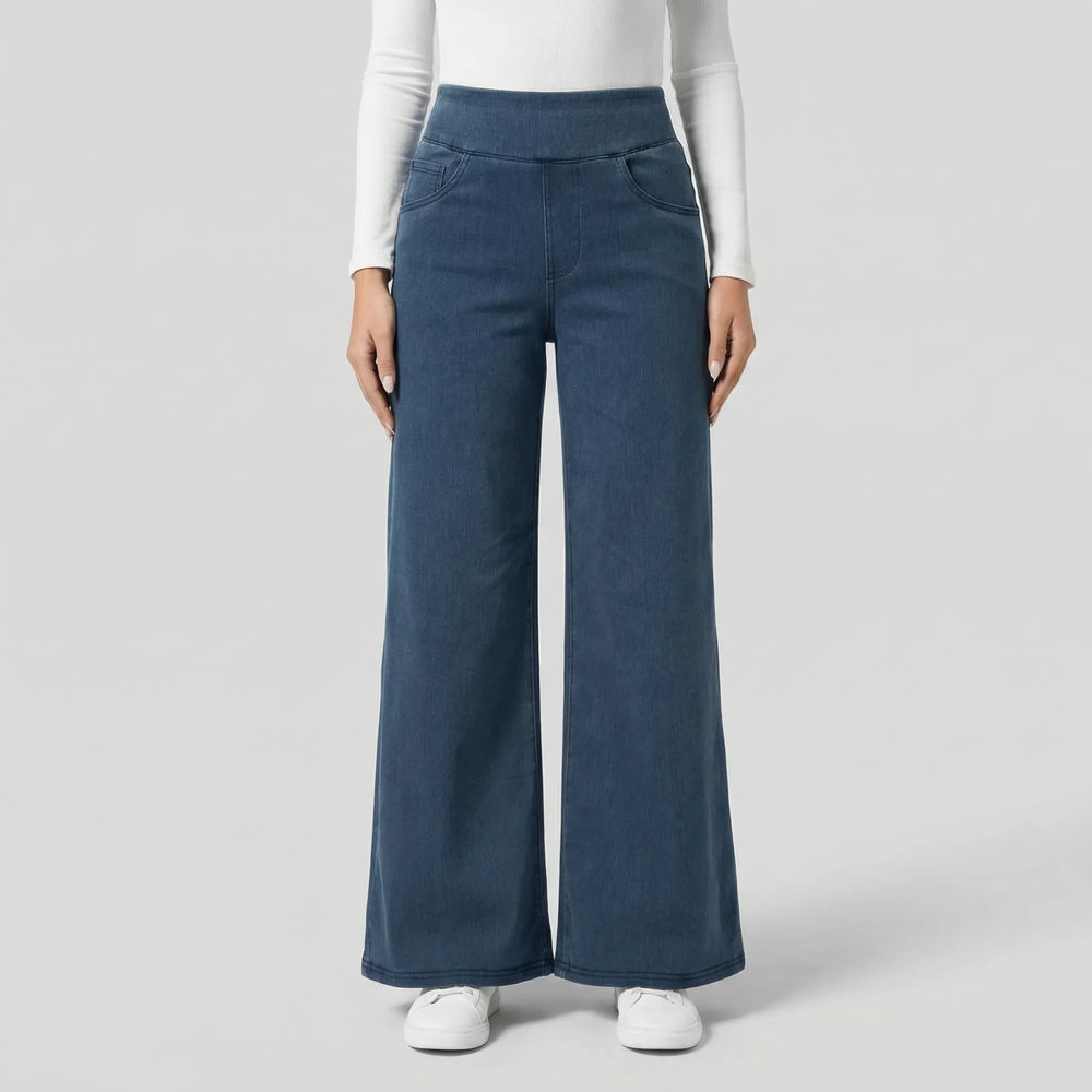 Widevia - High-Waist Wide-Leg Denim Pants Dark Blue