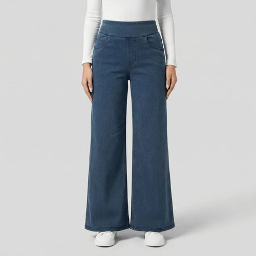 Widevia - High-Waist Wide-Leg Denim Pants Dark Blue