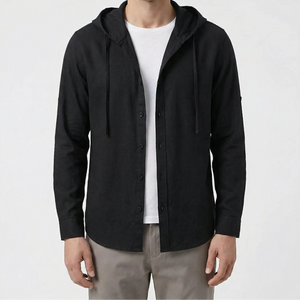 Zephyra - Button-Front Hooded Shirt Jacket Black