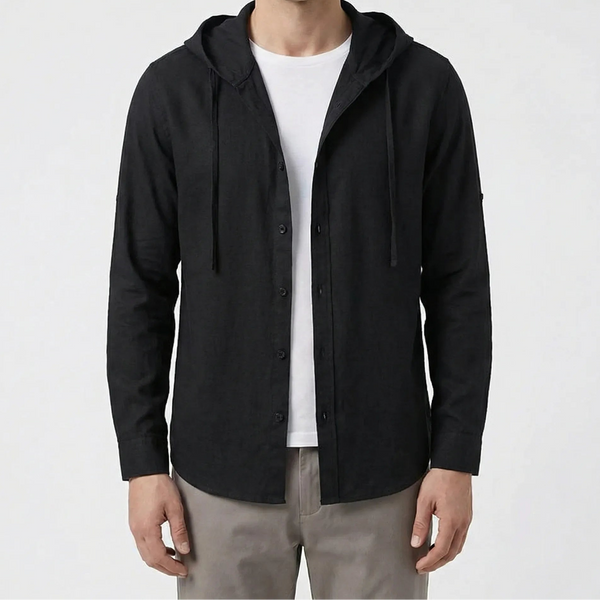Zephyra - Button-Front Hooded Shirt Jacket Black